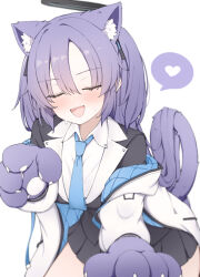 Rule 34 | 1girl, animal ears, animal hands, black skirt, blue archive, blue necktie, blush, breasts, cat ears, cat paws, cat tail, closed eyes, collared shirt, cowboy shot, formal, gloves, halo, heart, highres, large breasts, long hair, mechanical halo, necktie, open mouth, paw gloves, pleated skirt, purple gloves, purple hair, shirt, simple background, skirt, solo, spoken heart, suit, tail, white background, white shirt, yuuka (blue archive), yuukun mk-ii