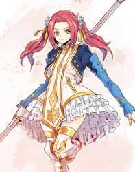 Rule 34 | 1girl, blood, boots, dress, eleanor hume, fingerless gloves, gloves, long hair, pink hair, polearm, solo, spear, tales of (series), tales of berseria, twintails, weapon, yellow eyes, yurichi (artist)