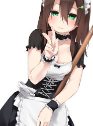 Rule 34 | 1girl, absurdres, apron, blush, breasts, brown hair, cleavage, closed mouth, collar, collarbone, corset, dutch angle, frilled collar, frilled cuffs, frilled sleeves, frills, green eyes, hair between eyes, hair ornament, hairclip, hakumei kosen, half-closed eyes, hand up, highres, holding, large breasts, maid, maid headdress, mop, original, short sleeves, simple background, smile, solo, v, waist apron, white background, wrist cuffs