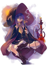 Rule 34 | 1girl, :o, belt, boots, cat, collarbone, green eyes, hat, highres, hookah, long hair, looking at viewer, original, purple hair, simple background, sitting, smoke, smoking, solo, usatsuka eiji, white background, witch, witch hat