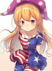 Rule 34 | 1girl, american flag dress, american flag legwear, arms behind back, asymmetrical clothes, asymmetrical legwear, bad id, bad pixiv id, blonde hair, blush, closed mouth, clownpiece, commentary request, cowboy shot, gradient background, hat, highres, long hair, looking at viewer, neck ruff, nenobi (nenorium), pantyhose, polka dot headwear, purple eyes, purple hat, short sleeves, solo, striped clothes, striped pantyhose, touhou, uneven legwear, very long hair