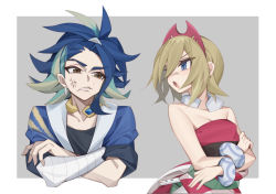 Rule 34 | 1boy, 1girl, adaman (pokemon), anger vein, arm wrap, blonde hair, blue coat, blue eyes, blue hair, bracelet, brown eyes, coat, collar, collarbone, commentary request, creatures (company), eyebrow cut, flute, frown, game freak, green hair, hairband, highres, instrument, irida (pokemon), jewelry, looking to the side, multicolored hair, nintendo, open mouth, pokemon, pokemon legends: arceus, red hairband, red shirt, sakana (mimic0811), sash, shirt, short hair, short sleeves, strapless, strapless shirt, tongue, waist cape
