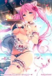 Rule 34 | 1girl, absurdres, ahoge, animal ear fluff, animal ears, apron, arm garter, artist name, bare shoulders, beach, bikini, black bikini, bloom, blurry, blurry background, blush, bokeh, bow, breasts, bridal garter, cat ears, cat girl, cat tail, cleavage, closed mouth, cowboy shot, cup, day, depth of field, detached collar, drinking glass, drinking straw, flower, frilled apron, frilled bikini, frilled legwear, frills, groin, hair flower, hair ornament, hand up, highres, holding, holding tray, index finger raised, konomi (kino konomi), large breasts, leg up, long hair, looking at viewer, maid, maid apron, maid bikini, original, petals, pink bow, pink hair, purple eyes, scan, skindentation, solo, standing, strap gap, string bikini, sunlight, swimsuit, tail, tail bow, tail ornament, thighs, tray, twintails, unconventional maid, underboob, waist apron, white apron, wrist cuffs