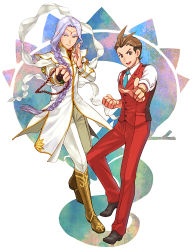 Rule 34 | 2boys, ace attorney, androgynous, apollo justice, blue necktie, boots, bracelet, brown eyes, brown hair, clenched hand, earrings, formal, green eyes, imorimiyuki, jewelry, light purple hair, long hair, male focus, multiple boys, nahyuta sahdmadhi, necktie, pants, phoenix wright: ace attorney - spirit of justice, pointing, pointing at viewer, ponytail, red pants, short hair, smile, suit, vest, white pants