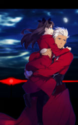 Rule 34 | 1boy, 1girl, archer (fate), bad id, bad pixiv id, black pantyhose, blue eyes, brown hair, carrying, coat, dark-skinned male, dark skin, fate/stay night, fate (series), hair ribbon, height difference, kotono, long hair, pantyhose, ribbon, tohsaka rin, two side up, white hair
