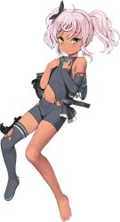 Rule 34 | 1girl, black footwear, black gloves, black one-piece swimsuit, boots, bow, closed mouth, comandante cappellini (kancolle), dark-skinned female, dark skin, elbow gloves, fingerless gloves, full body, gloves, green bow, green eyes, grey hair, hair bow, jiji (aardvark), kantai collection, long hair, multicolored hair, navel, official art, one-piece swimsuit, pink hair, shoes, single fingerless glove, single shoe, single thigh boot, solo, streaked hair, swimsuit, thigh boots, torn boots, torn clothes, torn gloves, torn swimsuit, transparent background, twintails, uit-24 (kancolle)