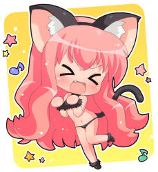 Rule 34 | &gt; &lt;, 00s, 1girl, :d, > <, animal ears, bra, cat ears, cat tail, chibi, closed eyes, fang, flat chest, hahifuhe, lingerie, long hair, louise francoise le blanc de la valliere, navel, open mouth, panties, pink hair, smile, solo, stomach, tail, underwear, underwear only, very long hair, xd, zero no tsukaima
