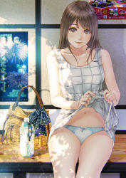 Rule 34 | 1girl, bag, bare shoulders, bench, blush, bottle, brown eyes, brown hair, clothes lift, commentary request, day, dress, dress lift, handbag, highres, kinoebi, lifted by self, long hair, looking at viewer, navel, original, outdoors, panties, sitting, sleeveless, sleeveless dress, solo, underwear, water bottle, white dress, white panties