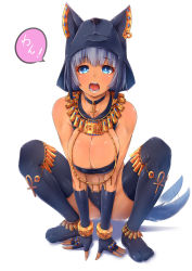 Rule 34 | 1girl, amatelas, ankh, anklet, anubis (mythology), arm support, black thighhighs, blue eyes, blunt bangs, bracelet, breasts, breasts squeezed together, choker, combat s-ko, dark-skinned female, dark skin, dog tail, egyptian, egyptian mythology, fingerless gloves, gloves, grey hair, hat, jewelry, large breasts, looking at viewer, lots of jewelry, navel, open mouth, original, solo, squatting, tail, thighhighs, v arms