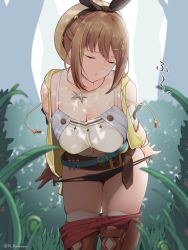 Rule 34 | 1girl, atelier (series), atelier ryza, befu, belt, beret, black panties, blue belt, boots, breasts, brown gloves, brown hair, cleavage, closed eyes, clothes pull, gloves, grass, hair ornament, hairclip, hat, highres, holster, jacket, jewelry, large breasts, midriff peek, necklace, open mouth, outdoors, panties, panty pull, red shorts, reisalin stout, shirt, short hair, shorts, shorts pull, single glove, sleeveless, sleeveless shirt, solo, test tube, thigh boots, thigh holster, thighhighs, thighs, tree, twitter username, underwear, white shirt, yellow jacket