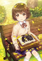 Rule 34 | 1girl, animal, bench, black cat, blue skirt, blush, book, bookmark, bow, briefcase, brown bow, brown eyes, brown hair, brown sweater, cat, collared shirt, commentary, day, english commentary, feet out of frame, ginkgo leaf, ginkgo tree, highres, kneehighs, knees together feet apart, leaf, leaf on head, long sleeves, looking at viewer, mono lith, on bench, open book, original, outdoors, park bench, parted lips, plaid, plaid bow, pleated skirt, school briefcase, shirt, sitting, skirt, sleeves past wrists, socks, solo, sweater, tree, white shirt, white socks