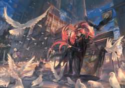Rule 34 | alcd, armor, bird, cape, church, dress, highres, long hair, looking at viewer, luggage, multiple girls, original, pixiv fantasia, pixiv fantasia fallen kings, pointy ears, ponytail, red eyes, red hair, scenery, silver hair, sitting