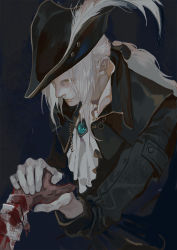 Rule 34 | 1girl, agong, ascot, blood, bloodborne, cape, closed mouth, coat, from software, gem, gloves, hat, hat feather, holding, lady maria of the astral clocktower, long hair, namco, ponytail, simple background, solo, the old hunters, tricorne, white hair