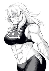 Rule 34 | 1girl, abs, ass, bandaged arm, bandages, breasts, greyscale, groin, hand on own chin, haruka yamaoka, huge ass, large breasts, long hair, looking at viewer, monochrome, muscular, muscular female, piroya (shabushabu), shy, thick thighs, thighs, tight clothes, undead unluck, white background