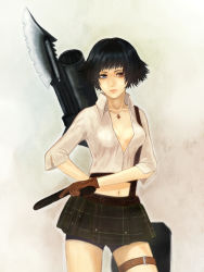 Rule 34 | 1girl, bayonet, bazooka, black hair, blue eyes, breasts, capcom, devil may cry, devil may cry (series), devil may cry 3, dress shirt, electronic firearm, female focus, gradient background, gun, heterochromia, highres, jewelry, kalina ann (weapon), lady (devil may cry), m1 bazooka, m20 super bazooka, man-portable anti-tank systems, midriff, miniskirt, necklace, red eyes, rocket launcher, scar, shirt, short hair, skirt, solo, thigh strap, uke (pixiv1011704), weapon, white shirt