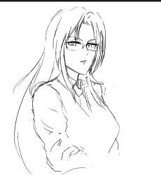 Rule 34 | 1girl, asougi rin, breasts, glasses, highres, large breasts, long hair, looking at viewer, mature female, mnemosyne, monochrome, necktie, office lady, solo