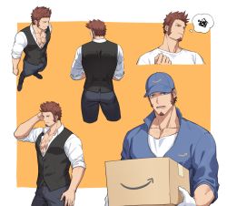 Rule 34 | 00047, 1boy, alternate costume, amazon (company), ass, beard, blue eyes, brown hair, collage, delivery, facial hair, fate/grand order, fate (series), gloves, hand in own hair, hat, long sideburns, long sleeves, looking at viewer, male focus, multiple views, muscular, napoleon bonaparte (fate), official alternate costume, open clothes, open mouth, pants, pectorals, scar, shirt, sideburns, simple background, sleeves rolled up, smile, thighs, white shirt
