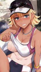 Rule 34 | 1girl, areola slip, bandaid, bandaids on nipples, bare shoulders, blonde hair, blue eyes, blush, breasts, buruma, covered erect nipples, eyewear on head, flashing, grin, hat, highres, jewelry, large breasts, lips, looking at viewer, medium hair, miyamoto issa, navel, necklace, nude, one-piece tan, one breast out, original, outdoors, pasties, public indecency, sitting, smile, solo, sports bra, sportswear, sunglasses, sweatdrop, tan, tanline, track uniform, tree, wristband