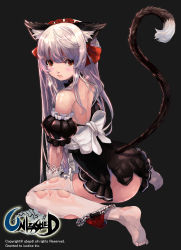 Rule 34 | 1girl, absurdres, animal ears, apron, bare shoulders, blush, cat ears, cat tail, detached collar, frilled panties, frills, gloves, grey background, highres, long hair, looking at viewer, looking back, panties, panties around leg, qbspdl, red eyes, red panties, silver hair, simple background, sitting, solo, tail, tears, thighhighs, torn clothes, torn thighhighs, underwear, unleashed, waist apron, wariza, watermark, white gloves, white thighhighs