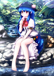 Rule 34 | 1girl, bare legs, barefoot, between legs, blouse, blue hair, boots, eating, female focus, food, fruit, hat, highres, hinanawi tenshi, ice cream, leaf, long hair, nature, peach, plant, popsicle, red eyes, ribbon, rock, shirt, sitting, skirt, solo, touhou, tsubasa (abchipika), water