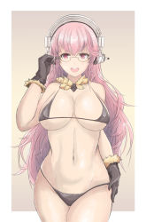 Rule 34 | 1girl, bad id, bad pixiv id, bespectacled, bikini, breasts, cleavage, cowboy shot, dmt (auburn), glasses, gloves, headphones, highres, large breasts, long hair, looking at viewer, micro bikini, navel, nitroplus, open mouth, pink eyes, pink hair, smile, solo, super sonico, swimsuit