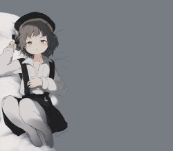 Rule 34 | 1girl, arm up, bed sheet, beret, black hat, black ribbon, black skirt, blush, brown eyes, brown hair, closed mouth, collarbone, collared shirt, crescent, flower, from above, hair flower, hair ornament, hand on own stomach, hat, hatoba tsugu, highres, knees up, long sleeves, looking at viewer, lying, mole, mole under eye, negative space, no shoes, on back, pantyhose, ribbon, ripu (lipi), rose, shirt, sketch, skirt, sleeves past wrists, solo, suspender skirt, suspenders, virtual youtuber, white flower, white pantyhose, white rose, white shirt