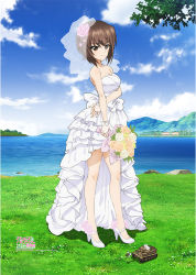 Rule 34 | 1girl, bare shoulders, bouquet, breasts, bridal veil, brown eyes, brown hair, cleavage, closed mouth, cloud, copyright name, dress, flower, girls und panzer, grass, high heels, looking at viewer, military, military vehicle, motor vehicle, nishizumi maho, ocean, official art, outdoors, rose, short hair, sky, smile, solo, tank, toy tank, veil, water, wedding dress, white dress, white footwear
