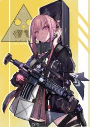 Rule 34 | 1girl, ar-15, assault rifle, cellphone, chinese commentary, commentary, dress, echo (ehchoy), eyes visible through hair, girls&#039; frontline, gloves, gun, hair between eyes, hair ornament, holding, holding gun, holding phone, holding weapon, jacket, long hair, looking at viewer, mod3 (girls&#039; frontline), multicolored hair, original, parted lips, phone, pink eyes, pink hair, red gloves, rifle, scope, sidelocks, simple background, solo, st ar-15 (girls&#039; frontline), st ar-15 (mod3) (girls&#039; frontline), standing, streaked hair, thighhighs, weapon