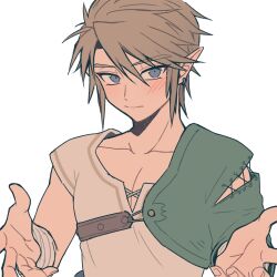 Rule 34 | 1boy, bandaged arm, bandages, belt, blue eyes, blush, brown belt, cape, closed mouth, collarbone, earrings, fingernails, green cape, grey shirt, hair between eyes, hands up, highres, jewelry, light brown hair, link, looking at viewer, loz 017, male focus, nintendo, pointy ears, shirt, short hair, short sleeves, sidelocks, simple background, solo, the legend of zelda, upper body, white background