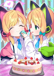 Rule 34 | 2girls, animal ear headphones, animal ears, blonde hair, blue archive, blush, bow, fake animal ears, green eyes, green halo, hair bow, halo, headphones, highres, jacket, long sleeves, midori (blue archive), momoi (blue archive), multiple girls, pink halo, ponshu (ponshuislife), red bow, short hair, siblings, sisters, twins, two-sided fabric, two-sided jacket, white jacket, wide sleeves