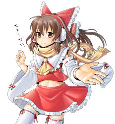 Rule 34 | 1girl, aosode, ascot, brown eyes, brown hair, detached sleeves, earmuffs, female focus, hair tubes, hakurei reimu, japanese clothes, long hair, looking at viewer, midriff, miko, navel, outstretched hand, scarf, sidelocks, skirt, smile, solo, thighhighs, touhou, white background, white thighhighs, yellow scarf