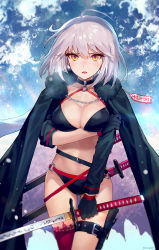Rule 34 | 1girl, ahoge, ainy, artist name, belt, bikini, black belt, black bikini, black cape, black choker, black gloves, blush, breasts, cape, chain, choker, cleavage, commentary request, cowboy shot, fate/grand order, fate (series), fur trim, gloves, gluteal fold, groin, hair between eyes, halterneck, highres, holding, holding sword, holding weapon, holster, jeanne d&#039;arc alter (swimsuit berserker) (fate), jeanne d&#039;arc (fate), jeanne d&#039;arc alter (fate), jeanne d&#039;arc alter (swimsuit berserker) (fate), katana, lace, lace-trimmed legwear, lace trim, large breasts, looking at viewer, navel, o-ring, o-ring bikini, open mouth, red thighhighs, scabbard, sheath, sheathed, short hair, shrug (clothing), silver hair, single thighhigh, sky, solo, standing, star (sky), starry sky, stomach, swimsuit, sword, thigh holster, thighhighs, thighs, twitter username, weapon, yellow eyes