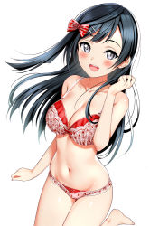 Rule 34 | 1girl, :d, bare arms, bare shoulders, barefoot, black eyes, black hair, blush, bow, bra, breasts, cleavage, collarbone, commentary request, hair bow, hair ornament, hairclip, hand up, heart, heart print, highres, long hair, looking at viewer, love live!, love live! nijigasaki high school idol club, medium breasts, navel, open mouth, panties, print bra, print panties, red bow, red bra, red panties, sankuro (agoitei), simple background, skindentation, smile, solo, standing, stomach, striped, striped bow, swept bangs, underwear, underwear only, white background, yuki setsuna (love live!)