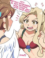 Rule 34 | &gt;:(, 1boy, 1girl, angel wings, artist name, assertive female, blonde hair, blush, bra, breasts, brown hair, clenched hands, collarbone, english text, flower bra, flying sweatdrops, hands up, hetero, highres, karbuitt, kid icarus, long hair, looking at another, nintendo, no nut november, notice lines, open mouth, pit (kid icarus), ponytail, red bra, short hair, small breasts, strap, sweatdrop, underwear, v-shaped eyebrows, viridi, w arms, white background, wings, yellow eyes