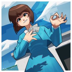 Rule 34 | artist name, banknote, blue dress, blue jacket, bob cut, brown hair, chain-link fence, cloud, commentary, cropped jacket, dress, dutch angle, fence, from below, gossan, grin, holding, holding money, jacket, long sleeves, looking at viewer, looking down, money, ok sign, ranma 1/2, rooftop, shaded face, short hair, signature, sky, smile, solo, teeth, tendou nabiki, tucked money, yellow eyes