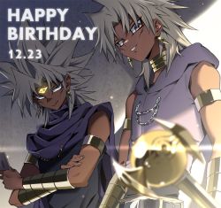 Rule 34 | 2boys, :q, armlet, bare shoulders, belt, black belt, blonde hair, cape, card, chain, dark-skinned male, dark skin, dated, earrings, eye focus, facial mark, happy birthday, holding, holding card, hood, hood down, jewelry, long hair, looking at another, male focus, marik ishtar, millennium rod, multiple boys, parted lips, pira 811, pointy ears, purple cape, smile, spiked hair, teeth, tongue, tongue out, upper body, yami marik, yu-gi-oh!, yu-gi-oh! duel monsters