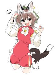 Rule 34 | !, 1girl, absurdres, adapted costume, akagashi hagane, animal ears, bell, black eyes, bow, bowtie, brown hair, cat ears, cat tail, chen, claw pose, cropped legs, earrings, flat chest, gold trim, hands up, hat, highres, jewelry, jingle bell, long sleeves, mob cap, multiple tails, nail polish, nekomata, petite, red nails, red shorts, red vest, short hair, shorts, simple background, single earring, solo, spoken exclamation mark, tail, touhou, two tails, vest, white background, white bow, white bowtie