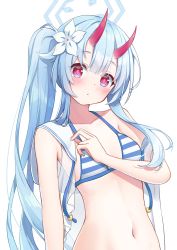 Rule 34 | 1girl, absurdres, armpit crease, bikini, blue archive, blue bikini, blue hair, blunt bangs, blush, capelet, chise (blue archive), chise (swimsuit) (blue archive), closed mouth, dot mouth, dot nose, flower, hair flower, hair ornament, halo, highres, horns, light blue hair, long hair, looking at viewer, matsushika, navel, oni horns, red eyes, red horns, side ponytail, solo, striped bikini, striped clothes, swimsuit, white background, white capelet, white flower