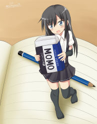 Rule 34 | 10s, 1girl, asashio (kancolle), black hair, black thighhighs, blue eyes, blush, chibi, commentary request, elbow sleeve, eraser, from above, full body, hair between eyes, highres, kantai collection, long hair, looking at viewer, mini person, minigirl, miniskirt, no shoes, notebook, open mouth, pencil, shirt, skirt, solo, standing, suspender skirt, suspenders, tamayan, thighhighs, twitter username, white shirt, zettai ryouiki