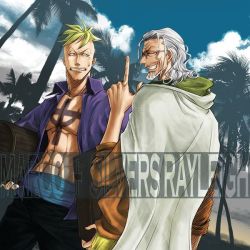 Rule 34 | 2boys, beard, blonde hair, blue sky, character name, clenched teeth, cloak, cloud, facial hair, glasses, grey hair, jolly roger, male focus, marco (one piece), multiple boys, one piece, open clothes, open shirt, outdoors, palm tree, pirate, sash, shirt, silvers rayleigh, sky, tattoo, teeth, tree