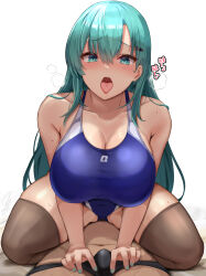 Rule 34 | 1boy, 1girl, aqua hair, bare shoulders, blush, breasts, bulge, cleavage, collarbone, competition swimsuit, erection, erection under clothes, girl on top, gluteal fold, green eyes, hair ornament, hairclip, hetero, highres, kantai collection, kihou no gotoku dmc, large breasts, long hair, looking at viewer, one-piece swimsuit, open mouth, reverse cowgirl position, sex, sex from behind, solo focus, straddling, suzuya (kancolle), swimsuit, thighhighs, tongue, tongue out