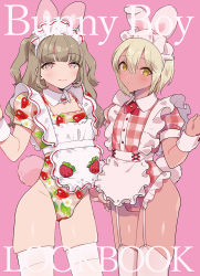 Rule 34 | 2boys, :3, animal ears, apron, bad id, bad pixiv id, blush, bob cut, bolo tie, brown hair, bulge, closed mouth, commentary request, cross-laced clothes, cross tie, dark skin, detached collar, fake animal ears, fake tail, flat chest, food print, frilled apron, frilled leotard, frills, garter straps, gingham, hair between eyes, half-closed eyes, hand up, highleg, highleg leotard, leotard, light brown hair, long hair, looking at viewer, maid, maid apron, maid headdress, maid leotard, male focus, male playboy bunny, multiple boys, original, parted bangs, parted lips, pink background, pink eyes, pink leotard, po (user rspk7527), print leotard, puffy short sleeves, puffy sleeves, rabbit ears, rabbit tail, raised eyebrows, red neckwear, short hair, short sleeves, simple background, skindentation, smile, standing, strawberry print, tail, thighhighs, trap, two side up, unconventional maid, waist apron, wavy hair, white apron, white legwear, wing collar, wrist cuffs, yellow eyes