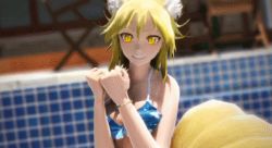 Rule 34 | 1girl, 3d, animal ears, animated, animated gif, bikini, blonde hair, bouncing breasts, breasts, dancing, fox ears, fox tail, lowres, multiple tails, short hair, solo, swimsuit, tail, touhou, yakumo ran, yellow eyes