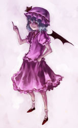 Rule 34 | 1girl, collar, dress, female focus, frills, full body, hand on own hip, hat, kneehighs, looking at viewer, middle finger, mob cap, pink dress, pink hat, puffy short sleeves, puffy sleeves, red eyes, red footwear, remilia scarlet, shippori, shishou, shoes, short hair, short sleeves, silver hair, simple background, socks, solo, standing, touhou, white background, white socks, wings