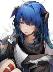 Rule 34 | 1girl, absurdres, aqua hair, arknights, between thighs, black horns, black jacket, blue eyes, blue hair, box, colored inner hair, fur-trimmed jacket, fur trim, gift, gift box, gloves, halo, highres, horns, jacket, long hair, looking at viewer, mostima (arknights), multicolored hair, open mouth, simple background, smile, solo, tab head, white background, white gloves