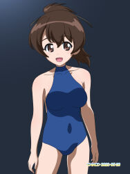 Rule 34 | 1girl, blue one-piece swimsuit, blush, breasts, brown eyes, brown hair, covered navel, girls und panzer, highres, koyama yuzu, large breasts, looking at viewer, naotosi, one-piece swimsuit, open mouth, ponytail, smile, solo, swimsuit