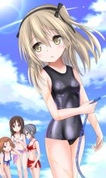 Rule 34 | 4girls, :o, azumi (girls und panzer), bikini, bikini shorts, black hair, black one-piece swimsuit, black ribbon, black school swimsuit, blue bikini, blue eyes, blue sky, breasts, brown eyes, brown hair, commentary request, covered navel, day, front-tie bikini top, front-tie top, girls und panzer, glasses, grey hair, hair ribbon, hand in own hair, hand on own knee, highres, holding, holding hose, hose, langley1000, leaning forward, light brown hair, long hair, looking at another, looking back, megumi (girls und panzer), multiple girls, one-piece swimsuit, one eye closed, one side up, open mouth, outdoors, partial commentary, purple sarong, red bikini, ribbon, rumi (girls und panzer), sarong, school swimsuit, shimada arisu, shorts, sky, small breasts, smile, swept bangs, swimsuit, water drop, white bikini