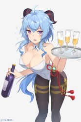 Rule 34 | 1girl, absurdres, ahoge, alcohol, black pantyhose, blue hair, blush, bottle, breasts, champagne, champagne flute, cleavage, cup, drinking glass, faldeus, ganyu (genshin impact), genshin impact, half-closed eyes, highres, horns, huge filesize, leotard, looking at viewer, medium breasts, open mouth, pantyhose, playboy bunny, purple eyes, solo, standing, strapless, strapless leotard, tray, white leotard