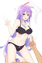 Rule 34 | 1boy, 1girl, animal ears, bad id, bad twitter id, black bra, black panties, blush, bow, bow panties, bra, breasts, cleavage, collarbone, commentary, eyelashes, hand on own chest, highres, light purple hair, long hair, looking at viewer, navel, open mouth, panties, rabbit ears, rabbit tail, red eyes, reisen udongein inaba, sidelocks, simple background, stomach, surprised, sweatdrop, symbol-only commentary, tail, touhou, underwear, underwear only, v, white background, xialuluo (sharuro)