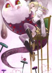 Rule 34 | 10s, 1girl, :q, blonde hair, boots, chair, charlotte (madoka magica), detached sleeves, drill hair, hat, highres, ilmkilt, knee boots, long hair, looking at another, mahou shoujo madoka magica, mahou shoujo madoka magica (anime), skirt, sleeves past wrists, thighhighs, tomoe mami, tongue, tongue out, twin drills, twintails, witch (madoka magica), zettai ryouiki